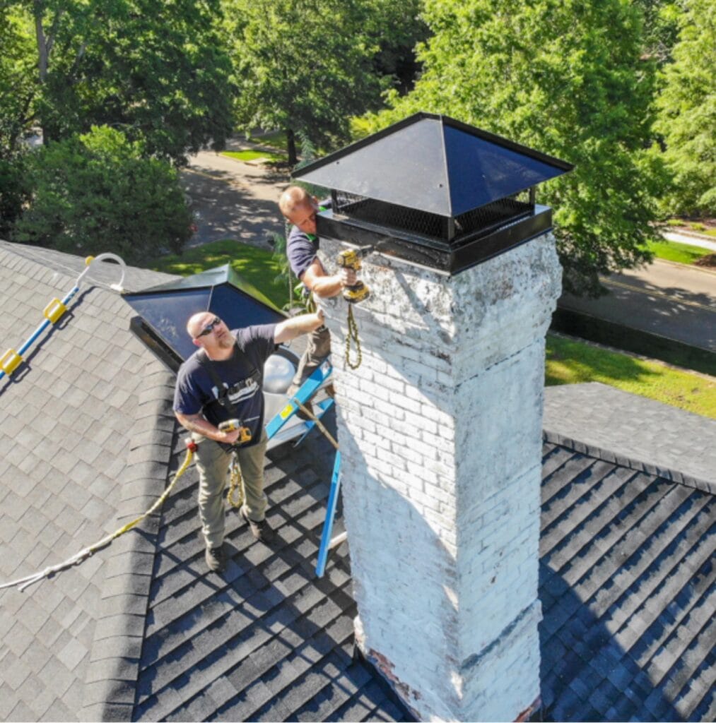 Two workers wearing safety harnesses clean and inspect a white brick chimney on a residential roof surrounded by trees.