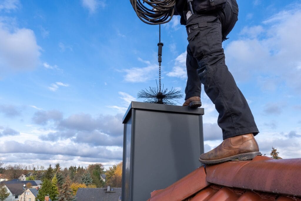A chimney sweep stands on a tiled roof, holding chimney cleaning equipment, with a brush lowered into a rooftop chimney under a partly cloudy sky.