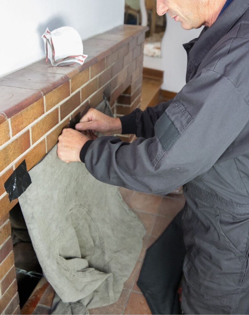 A chimney sweep in a dark uniform secures a cloth over the opening of a brick fireplace, possibly for cleaning or maintenance. Learn more about chimney services from Amazing Flames.