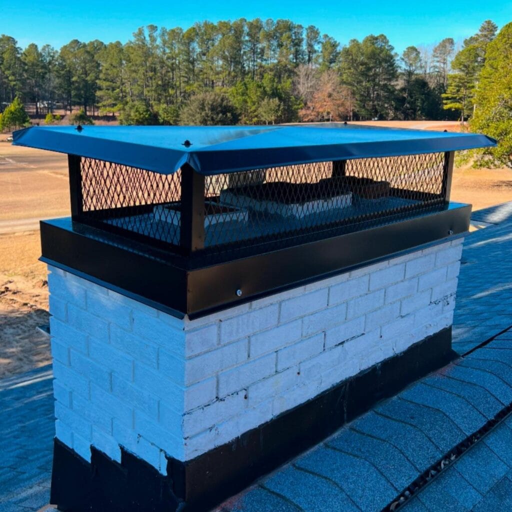 A close-up of a brick chimney with a black metal cap and mesh sides, ideal for chimney cleaning, situated on a shingled roof with trees visible in the background.