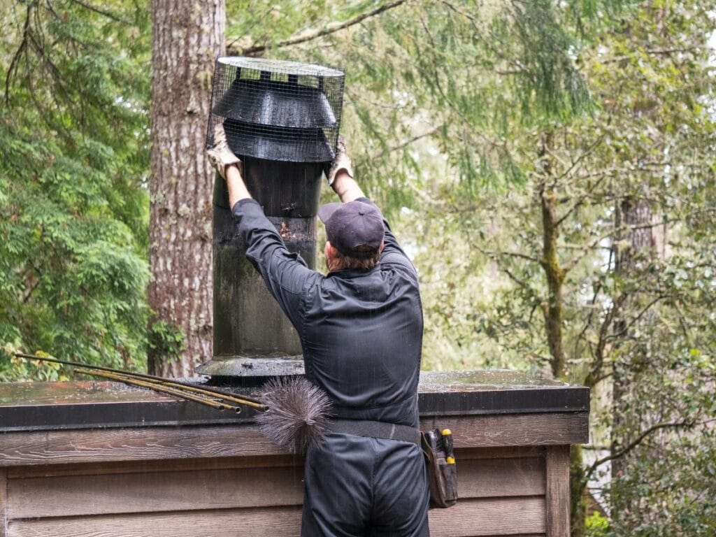 A person in work clothes and gloves is cleaning or inspecting a chimney on a rooftop surrounded by trees, emphasizing the importance of regular chimney cleaning frequency for safety and efficiency.