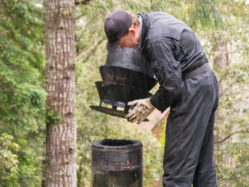 A person in work clothes and gloves inspects or removes a metal chimney cap from the top of a black chimney outdoors, surrounded by trees, highlighting the importance of regular chimney cleaning frequency for safety and efficiency.