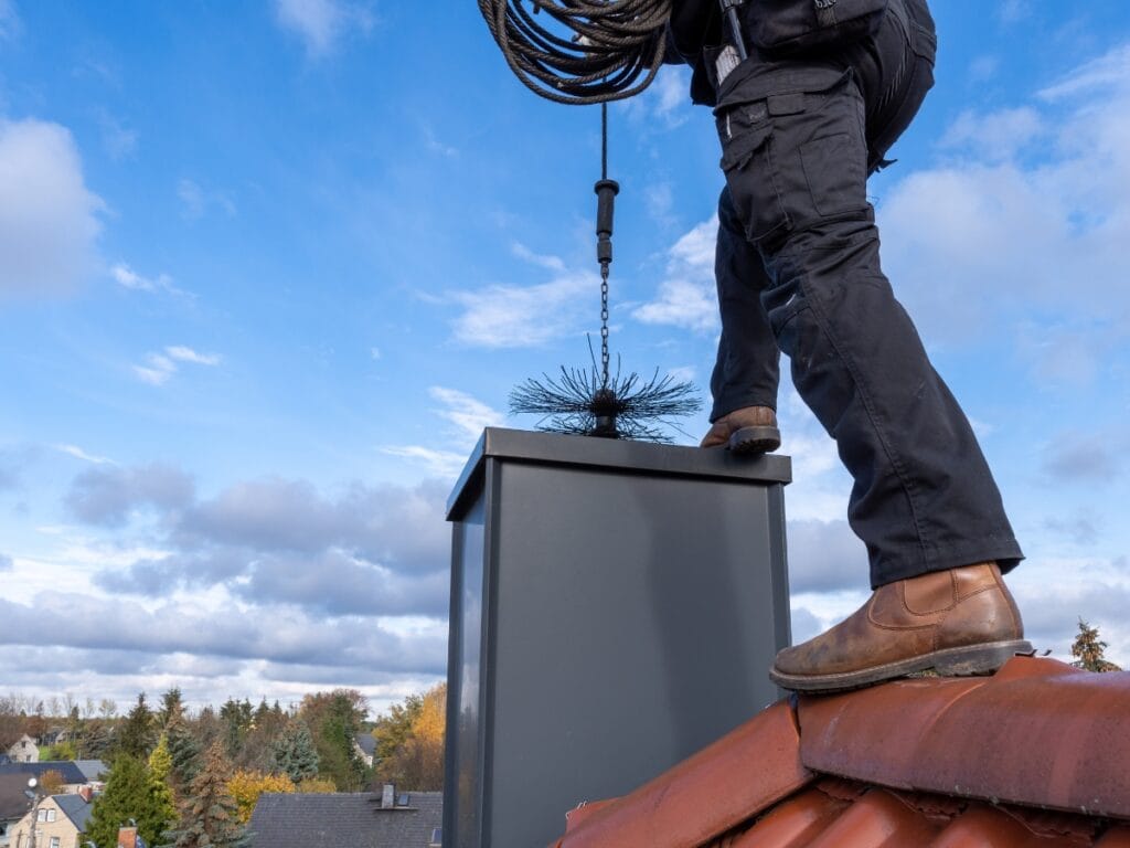 A person standing on a tiled roof uses a brush and rope to clean a chimney under a partly cloudy sky, likely following steps from a chimney inspection checklist.