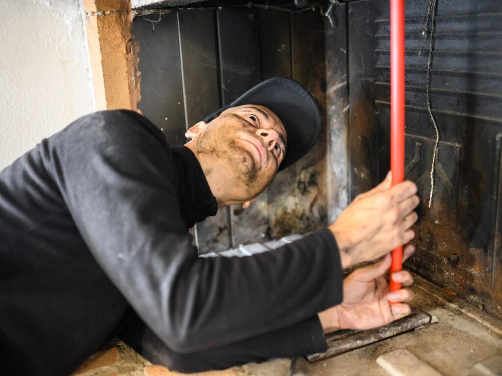A man with a dirty face holds a red stick, looking like he's just finished working through a chimney inspection checklist.