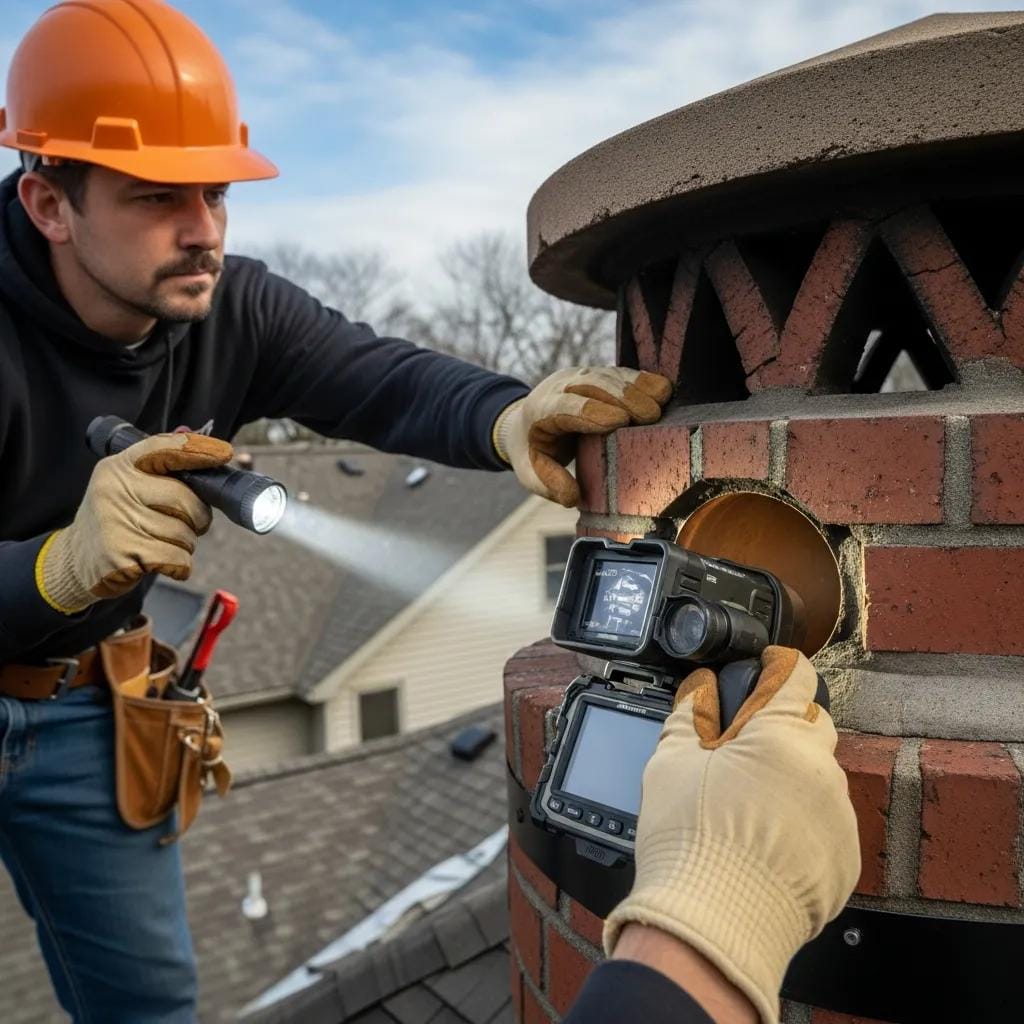 Chimney inspector examining flue and cap, highlighting inspection procedures