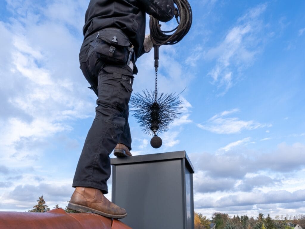 A person stands on a rooftop holding a chimney brush, preparing to clean a metal chimney and inspect the chimney liners against a partly cloudy sky.