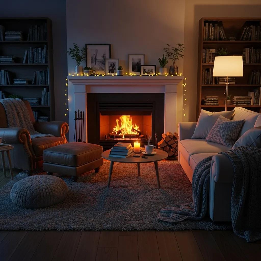 Cozy fireplace scene emphasizing safety and warmth in a living room