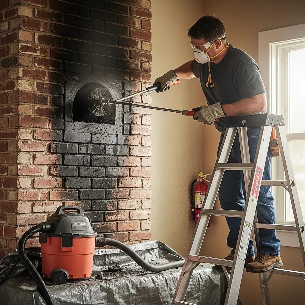 Homeowner cleaning chimney with tools, illustrating maintenance tips for safety