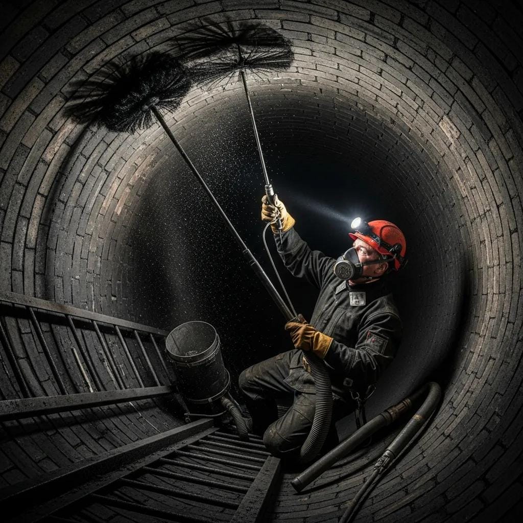 Professional chimney sweep cleaning a chimney, showcasing safety and expertise in chimney maintenance