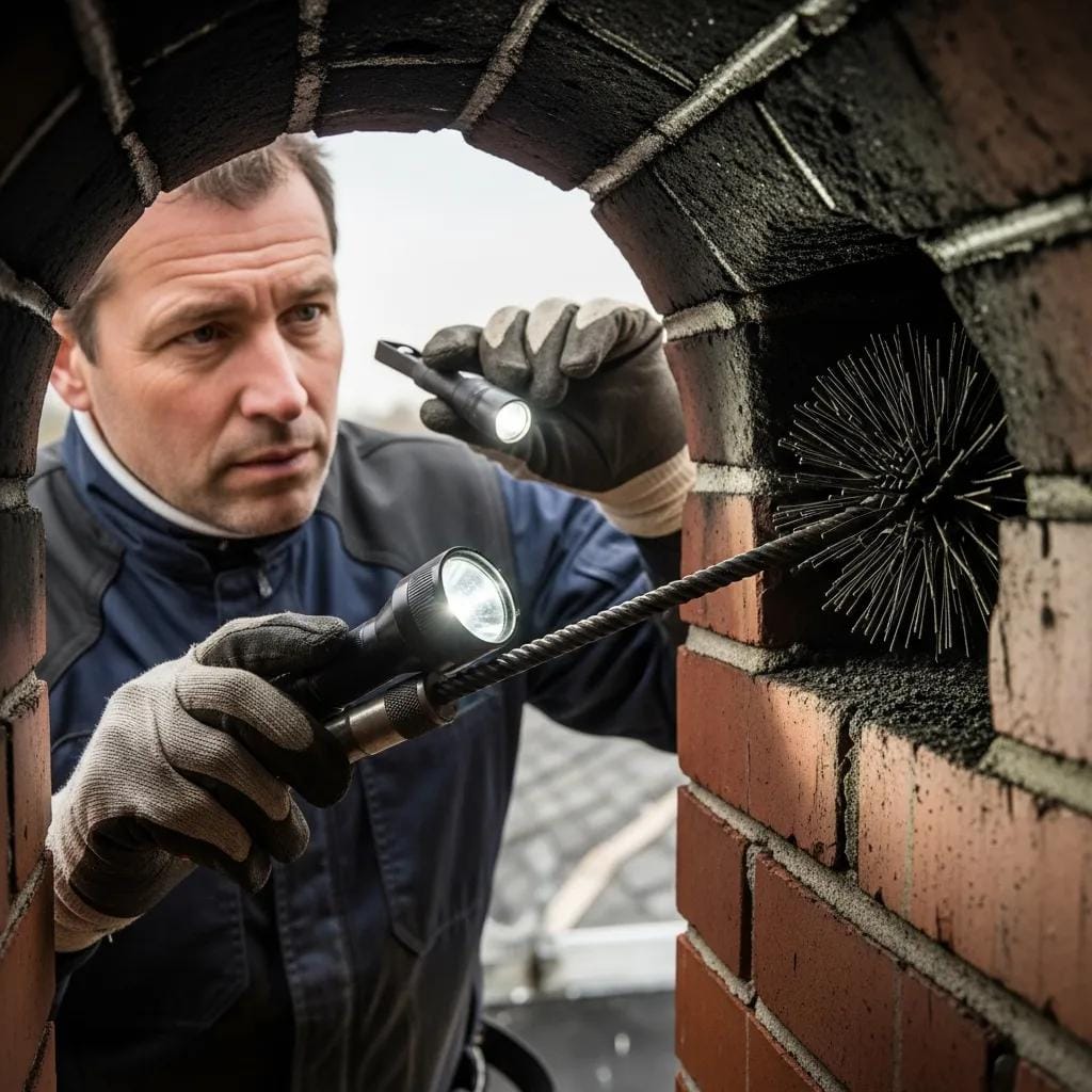 Professional chimney sweep inspecting a chimney for safety and maintenance