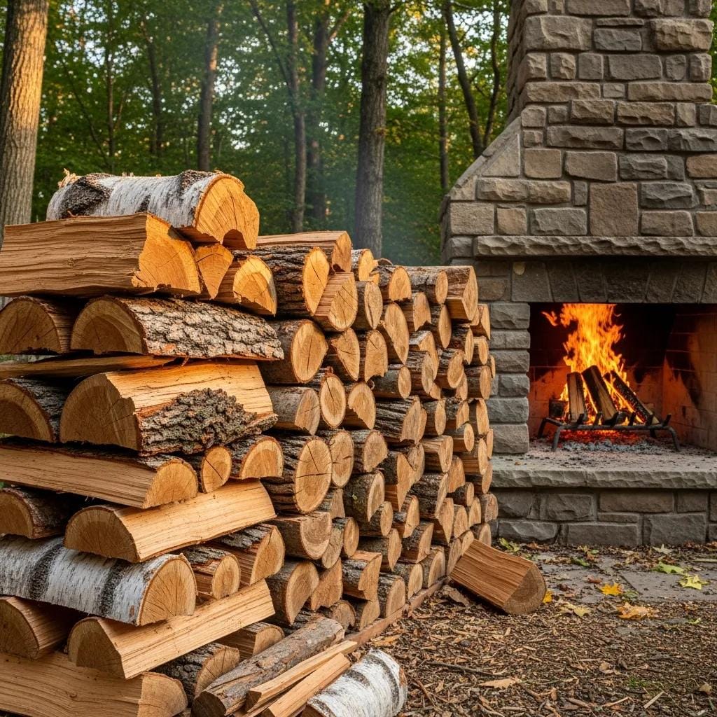 Stack of seasoned hardwood logs ready for fireplace use in a natural setting