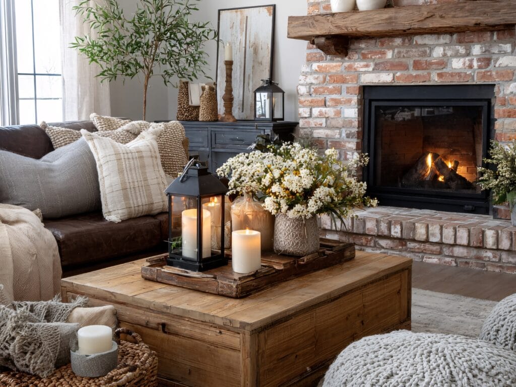 A cozy living room with a lit brick fireplace, ready to start a fireplace fire, a wooden coffee table with candles and flowers, a brown sofa with cushions, and a potted plant by a bright window.