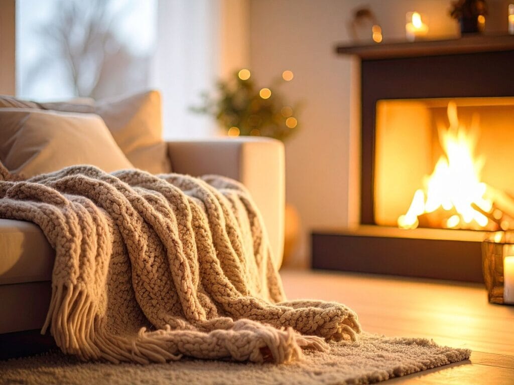 A cozy living room with a knit blanket draped over a sofa, where you can start a fireplace fire and enjoy soft lighting creating a warm atmosphere.