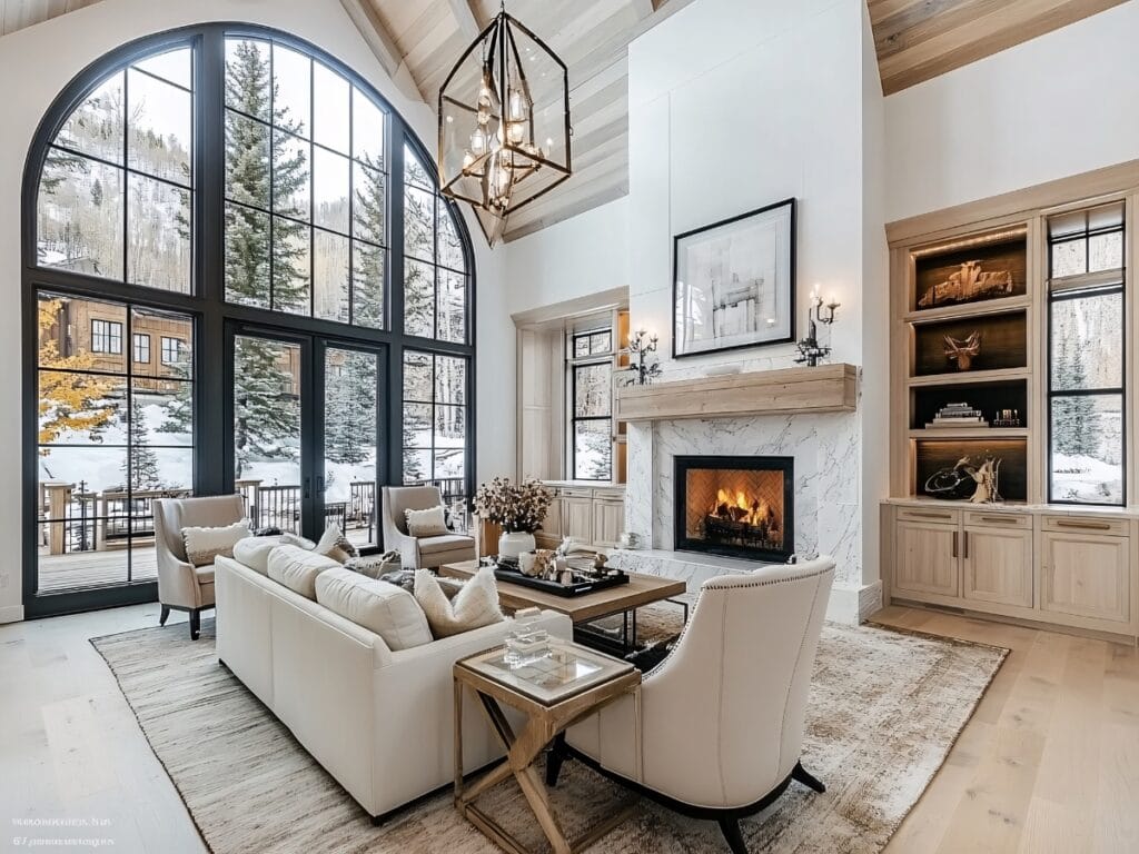 A spacious living room with large arched windows, neutral furnishings, and built-in shelves invites you to start a fireplace fire as you enjoy the view of a snowy landscape outside.