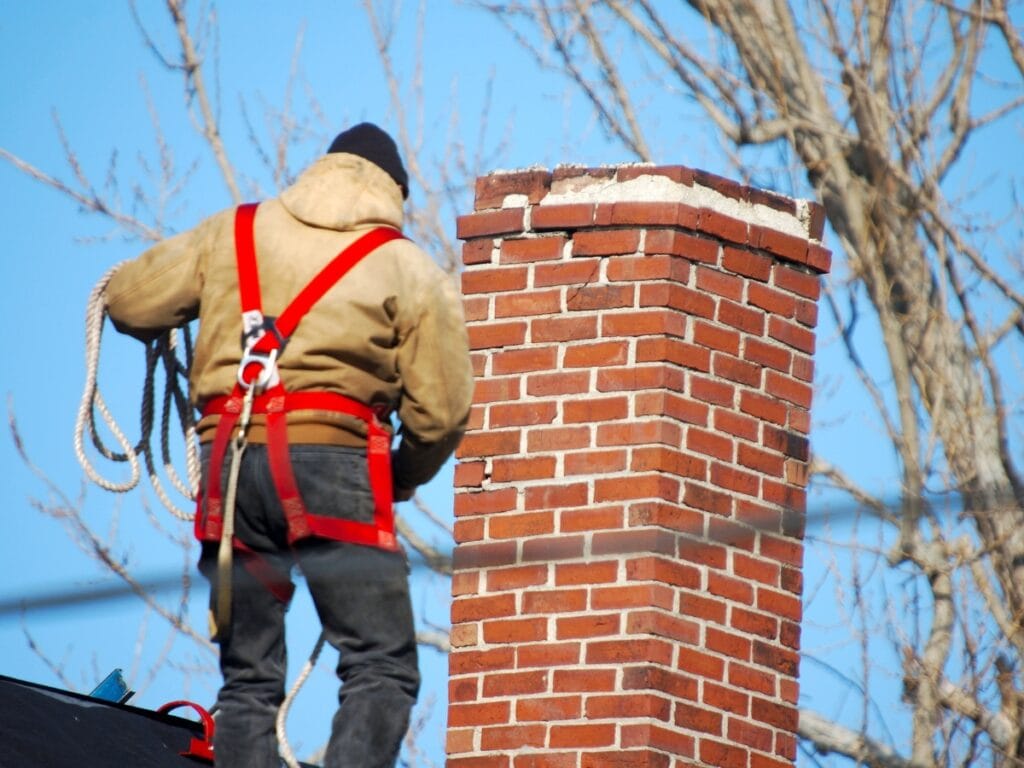 A worker in a safety harness stands on a roof near a brick chimney, holding a rope, with leafless tree branches in the background—a scene often seen when tuckpointing explained techniques are put into practice.